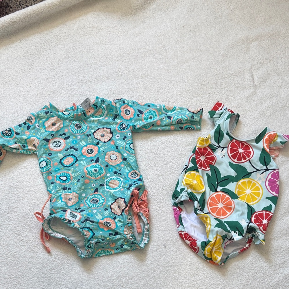 Ruffle Butts Kids Swim One Piece - Blue Floral and Citrus Print